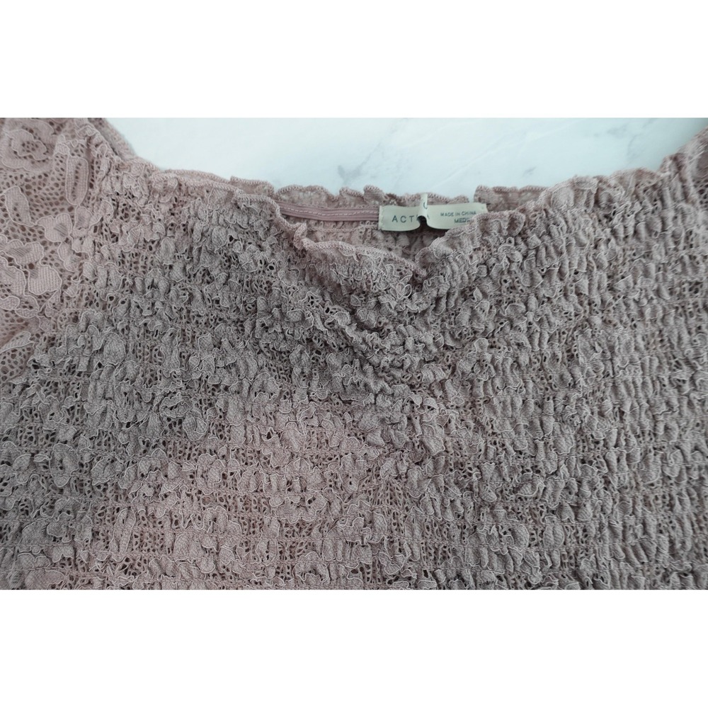 Active USA Blouse Womens Medium Pink Lace Puff Sleeve Square Neck Crop Top - Picture 7 of 9